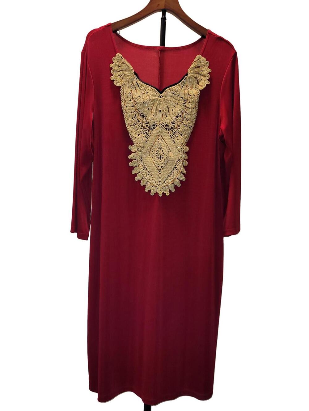 Soft Red Knit Dress with Gold Metallic Sequined Lace Detail Size 1X